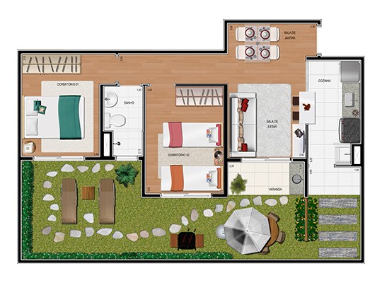 2 Dorms. com 45,13m² (área privativa coberta) e 28,84m² de jardim privativo descoberto.