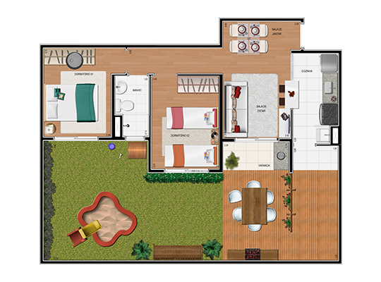 2 Dorms. com 45,13m² (área privativa coberta) e 39,99 m² de jardim privativo descoberto.