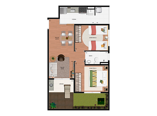 2 Dorms. com 47,40m² (área privativa coberta) e 9,69m² de jardim privativo descoberto.