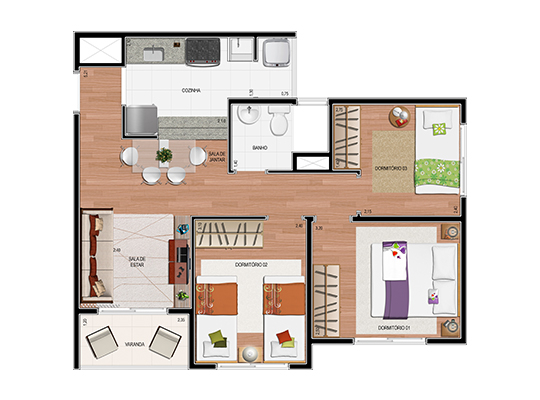 3 Dorms. 53,85m² privativos