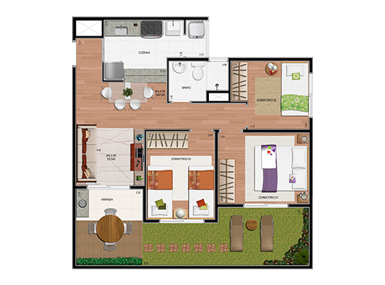 3 Dorms. com 53,85m² (área privativa coberta) e 15,83m² de jardim privativo descoberto.