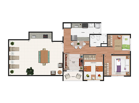 Cobertura 3 Dorms.com 53,85m² (área privativa coberta) e 34,23m² de área privativa descoberta.